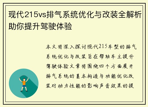 现代215vs排气系统优化与改装全解析助你提升驾驶体验